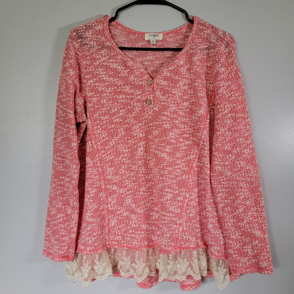 Pink Lace Sweater Womens Sz M Feminine Romantic Fairy Cottagecore Office Umgee